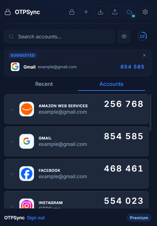 OTPSync browser authenticator extension interface with encrypted TOTP codes and live countdown timer
